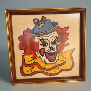 VTG Framed Handmade Needlepoint Cross Stitch Clown Picture Art 15.5’ X 15.5 -OLD